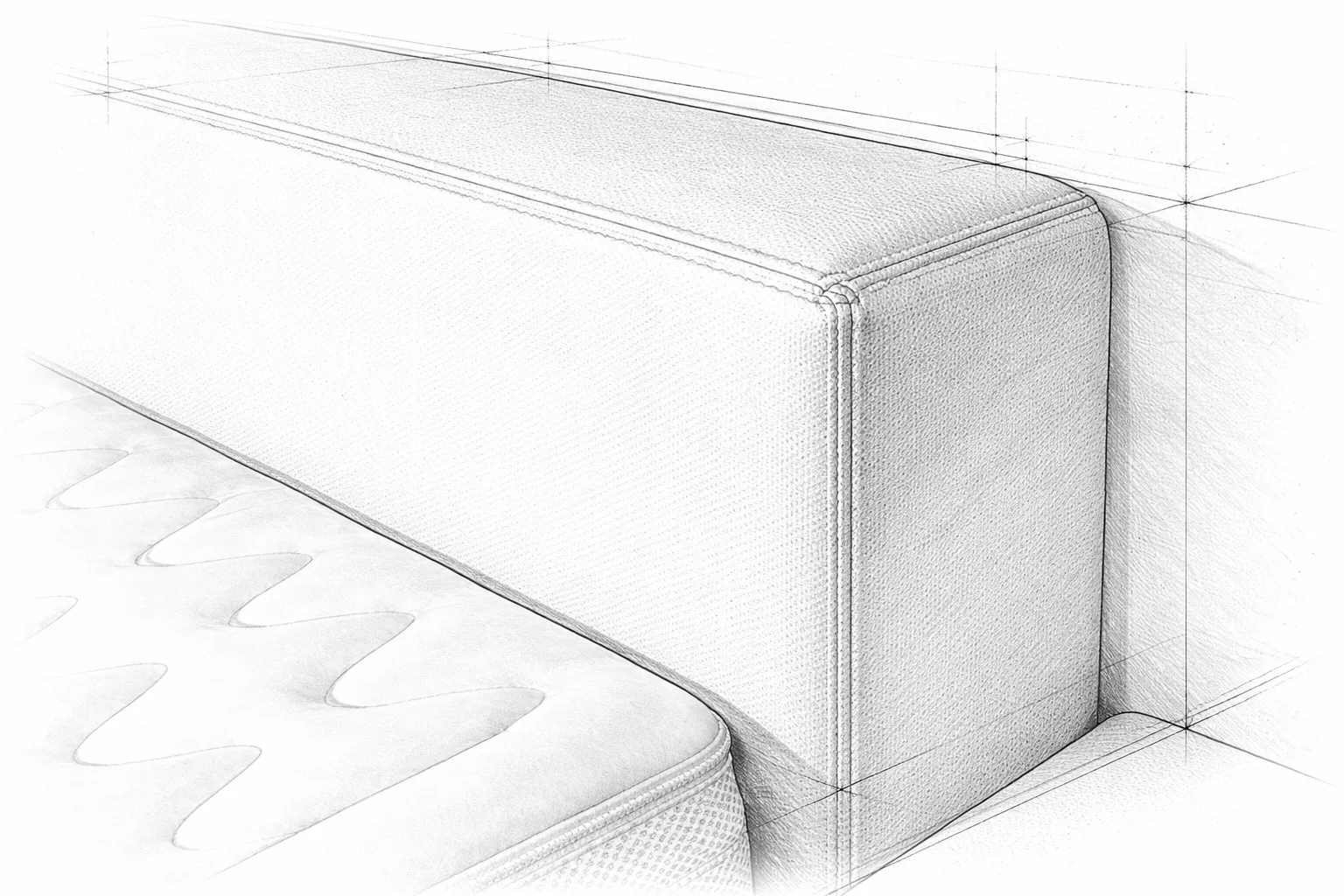 Detail eines freistehenden Kopfteils hinter dem Bett