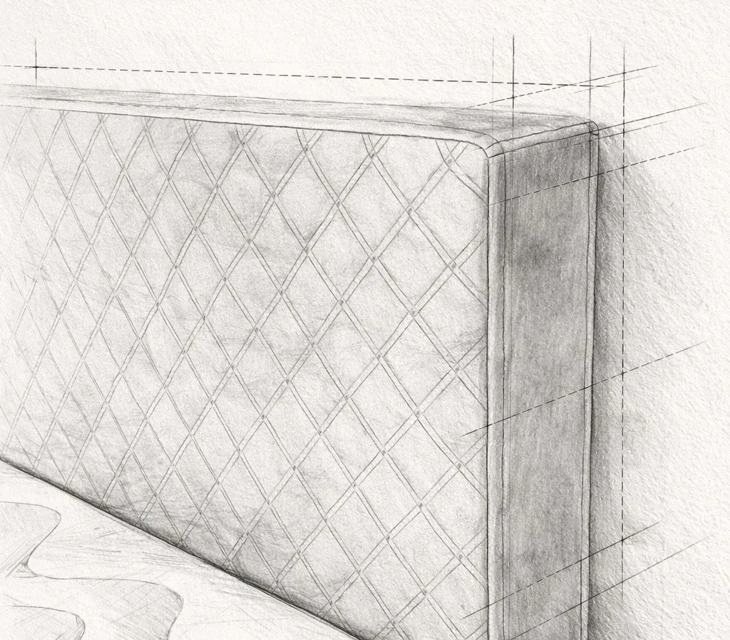 Detail eines Bett-Kopfteil, das mit Schattenfuge an der Wand hängt.
